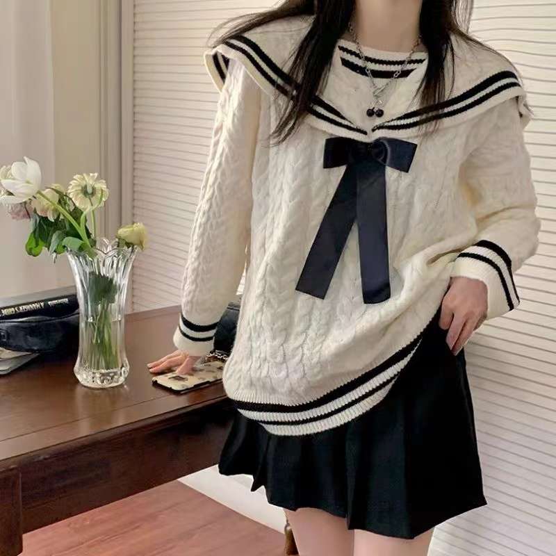 セーラー服 学園風リボン付きセーラーニットセーター