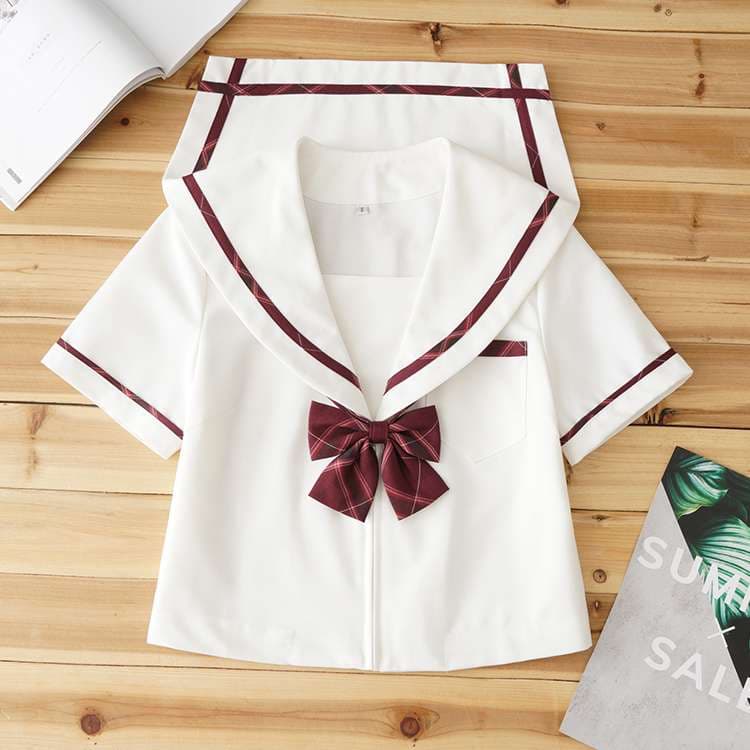 セーラー服 チェック柄リボン付き白 トップス