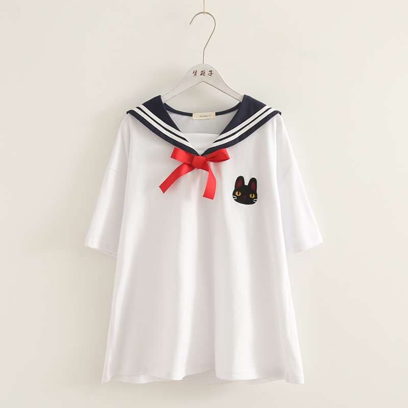 セーラー服 猫刺繍セーラー風カジュアルTシャツ