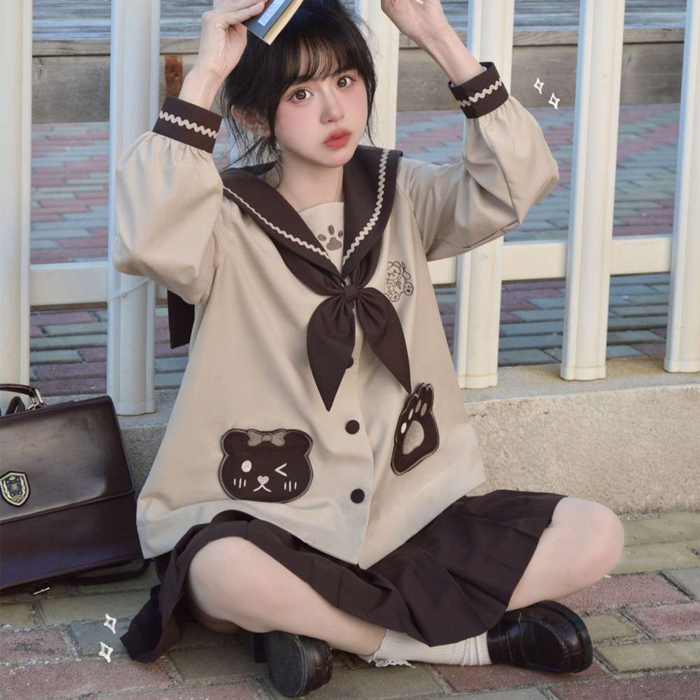 セーラー服 猫モチーフ 可愛い 風長袖ワンピース