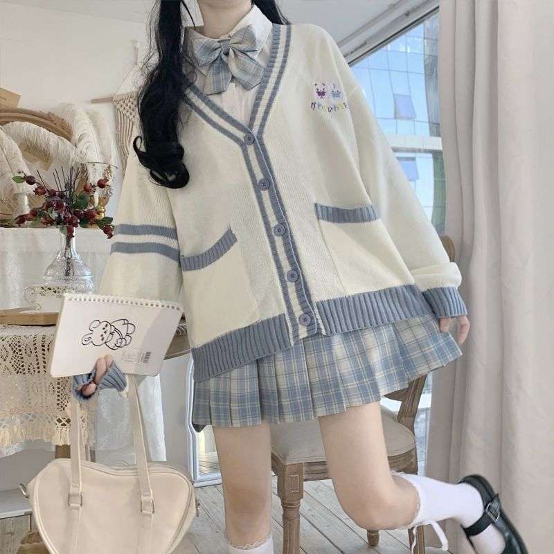 セーラー服 学園風リボン付きカーディガン&プリーツスカートセット