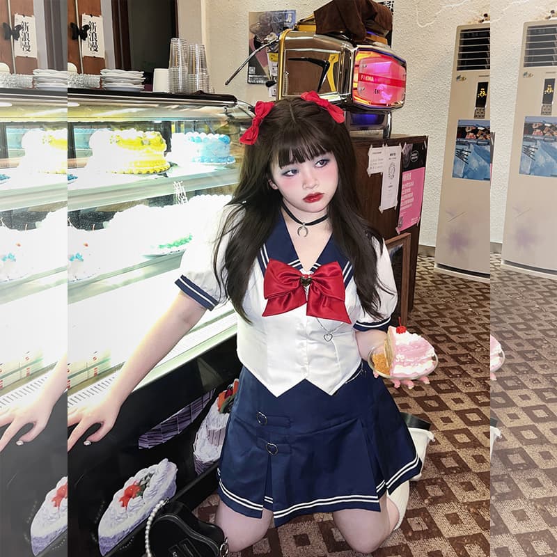 セーラー服 学園風リボン付き半袖セーラー制服セット