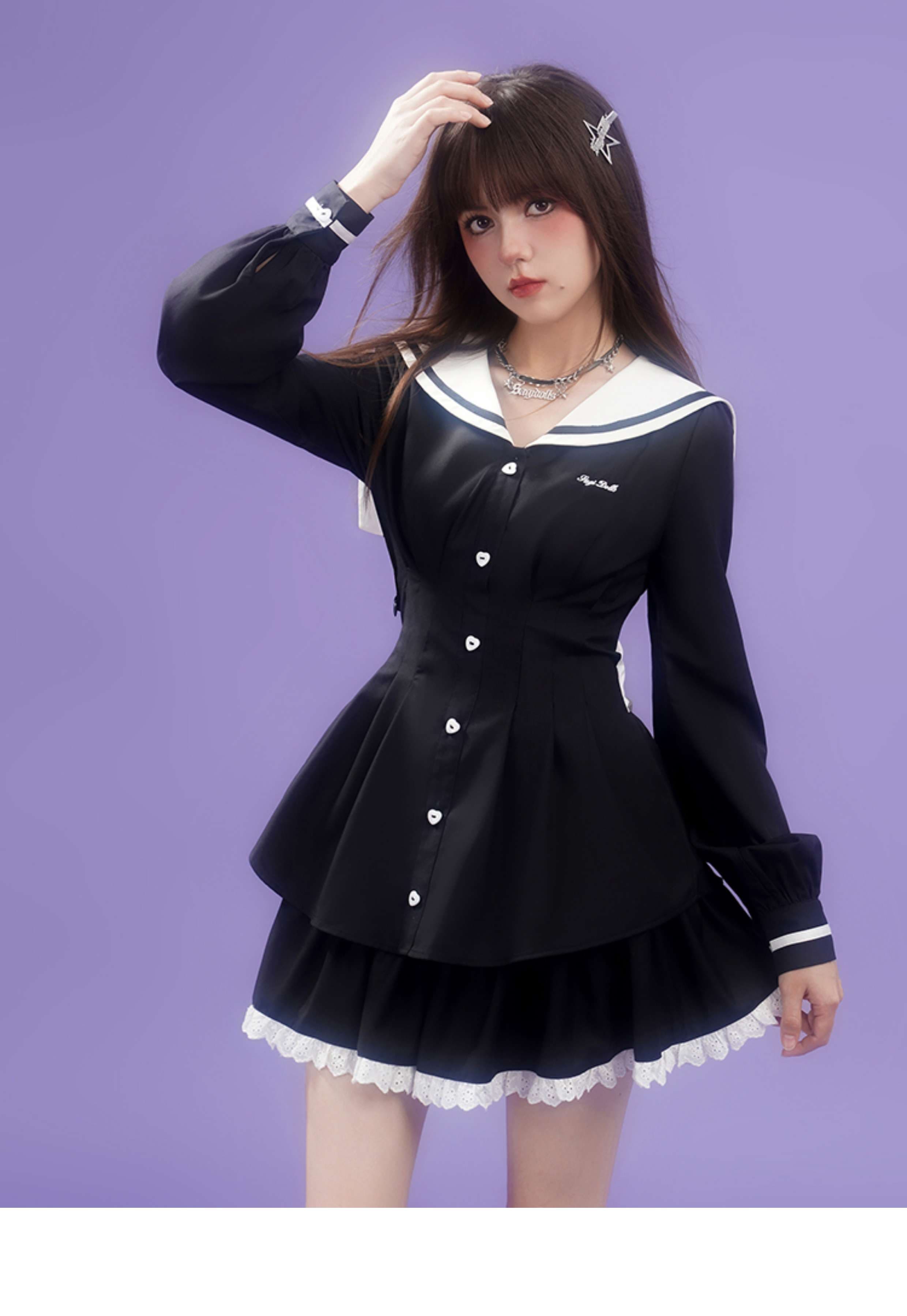 セーラー服 甘めセーラーカラー リボン付きフレアワンピース