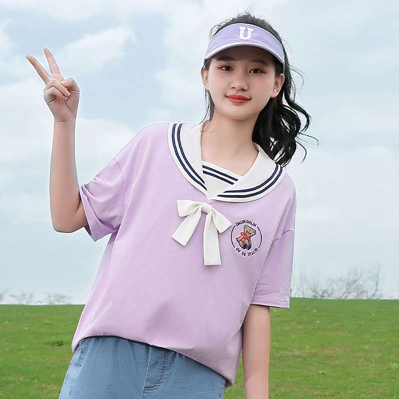 セーラー服 学園風リボン付きセーラーカラーTシャツ