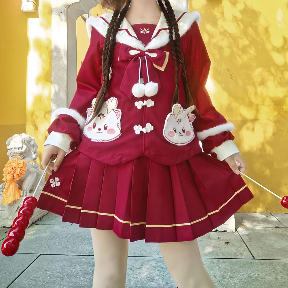 セーラー服 冬のかわいいウサギ柄 コスプレ衣装