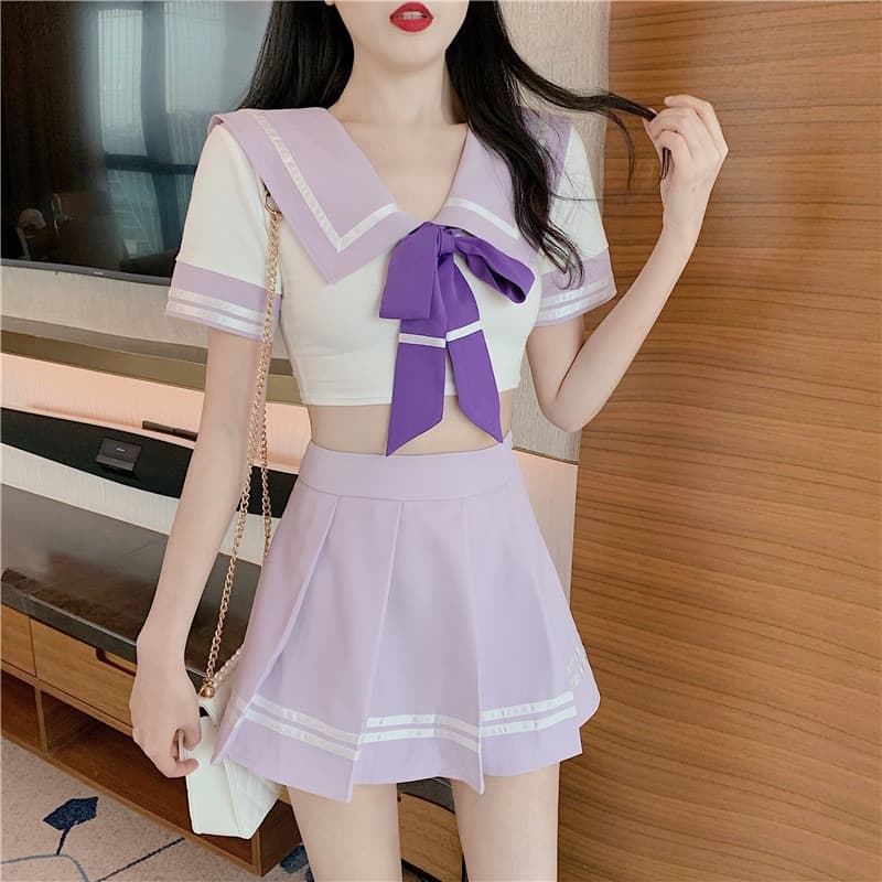 セーラー服 甘美リボン付きショート丈セーラー風上下セット