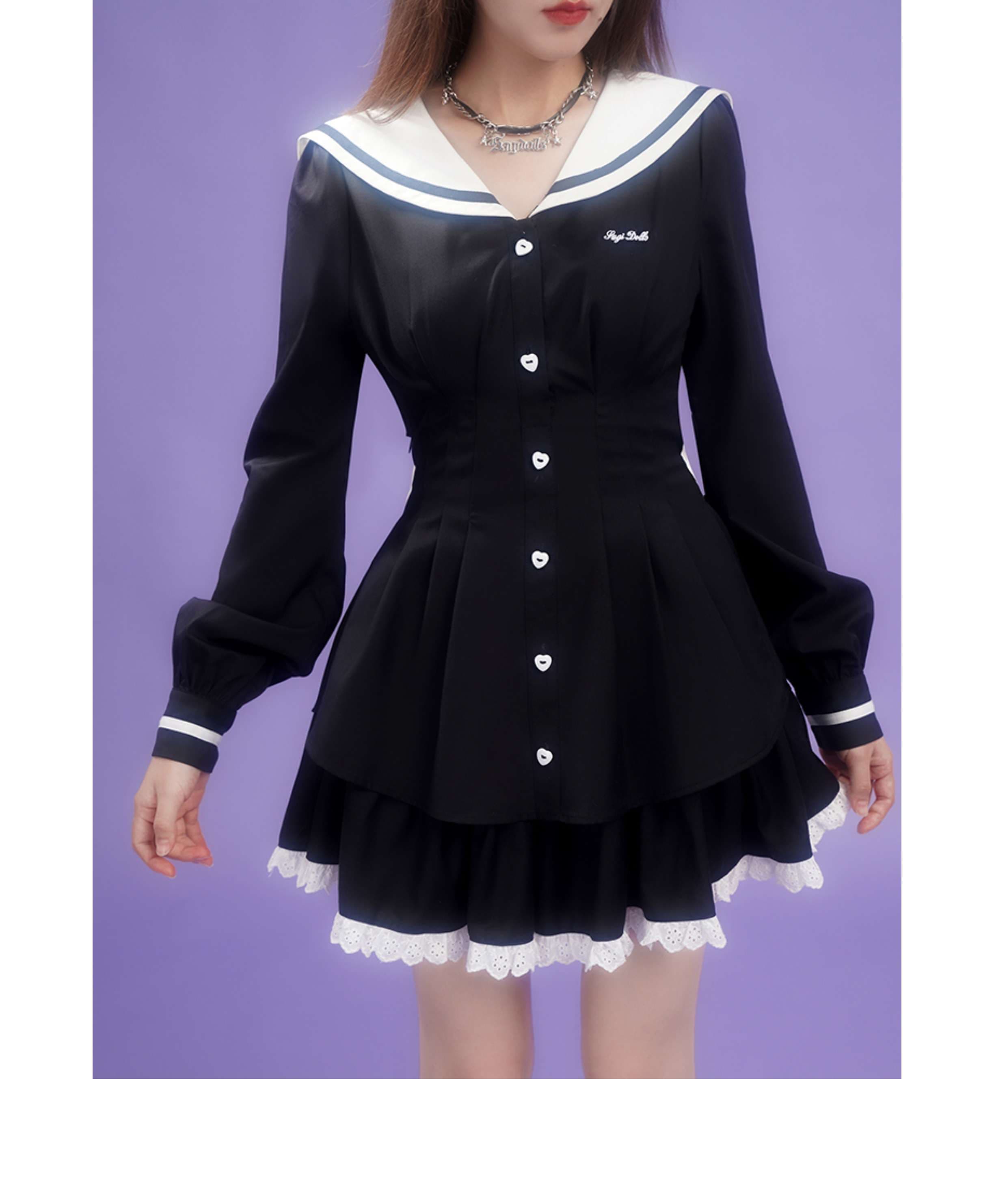 セーラー服 甘めセーラーカラー リボン付きフレアワンピース