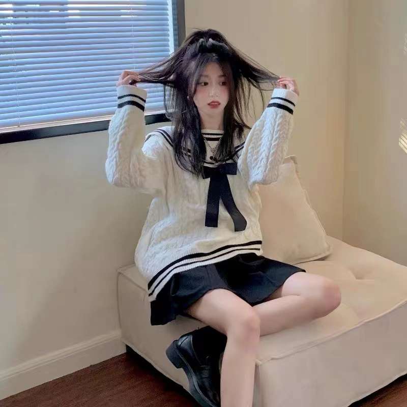 セーラー服 学園風リボン付きセーラーニットセーター