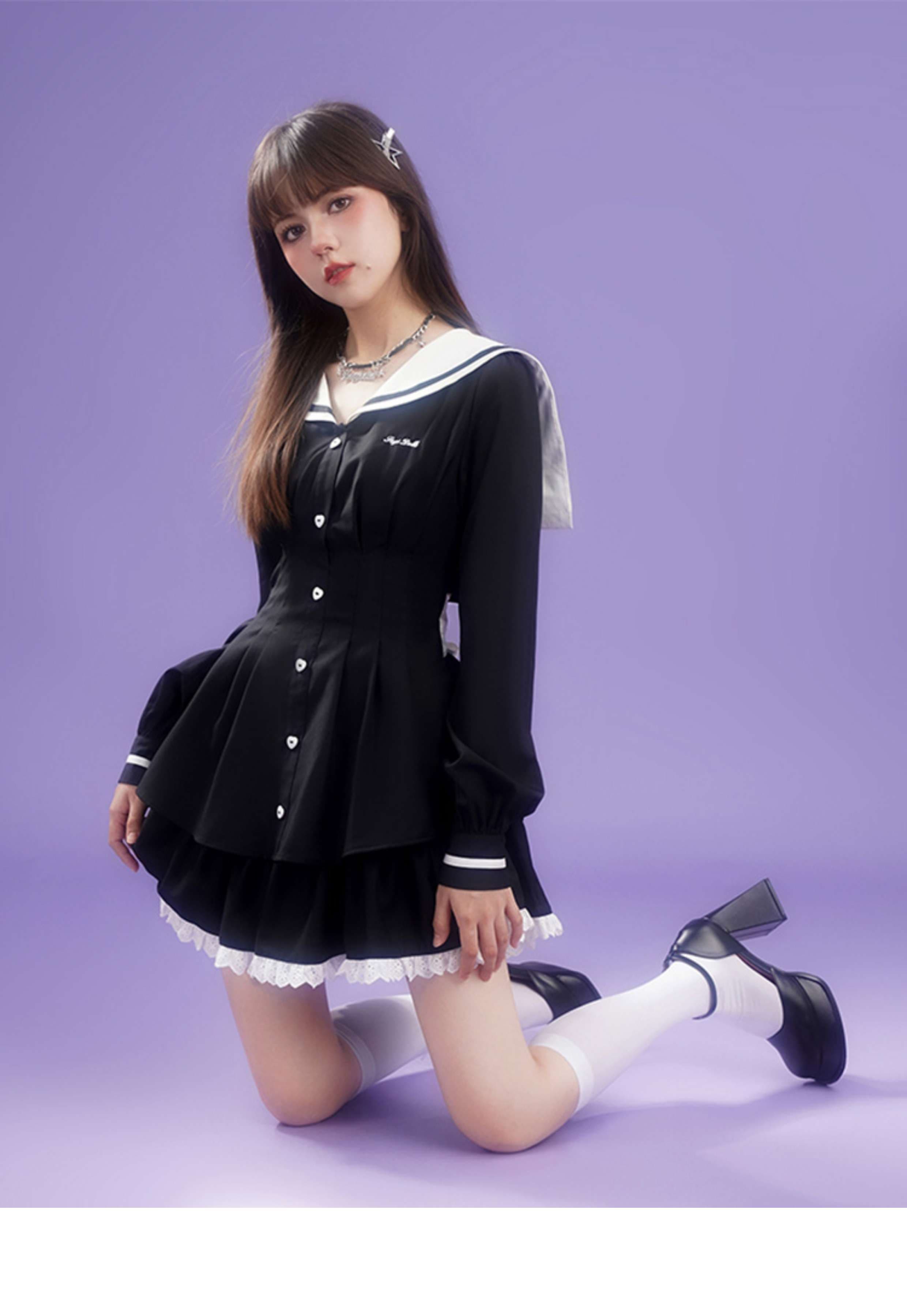 セーラー服 甘めセーラーカラー リボン付きフレアワンピース