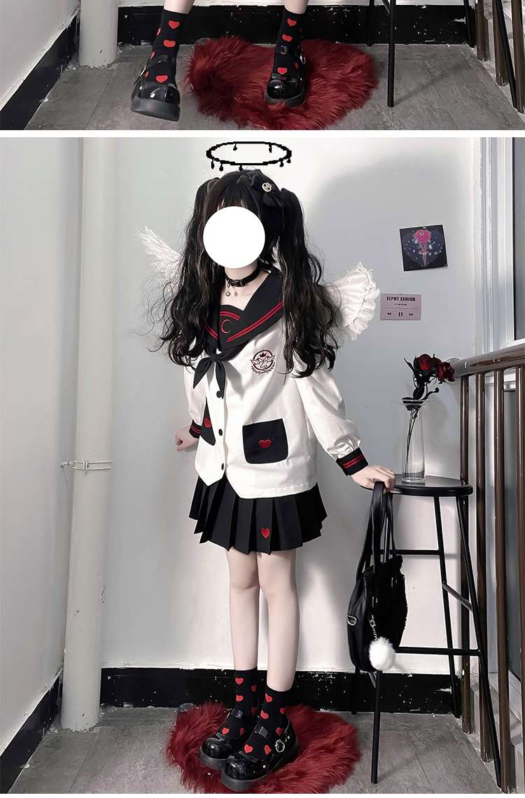 セーラー服 ハートモチーフ付き 長袖上下セット