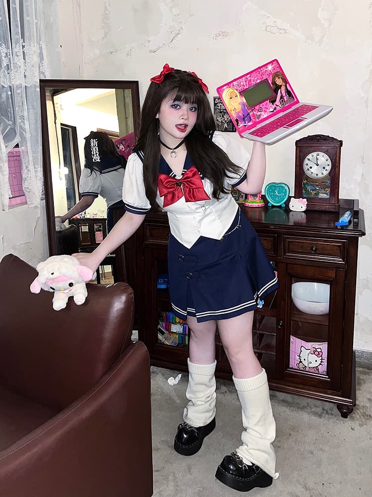 セーラー服 学園風リボン付き半袖セーラー制服セット