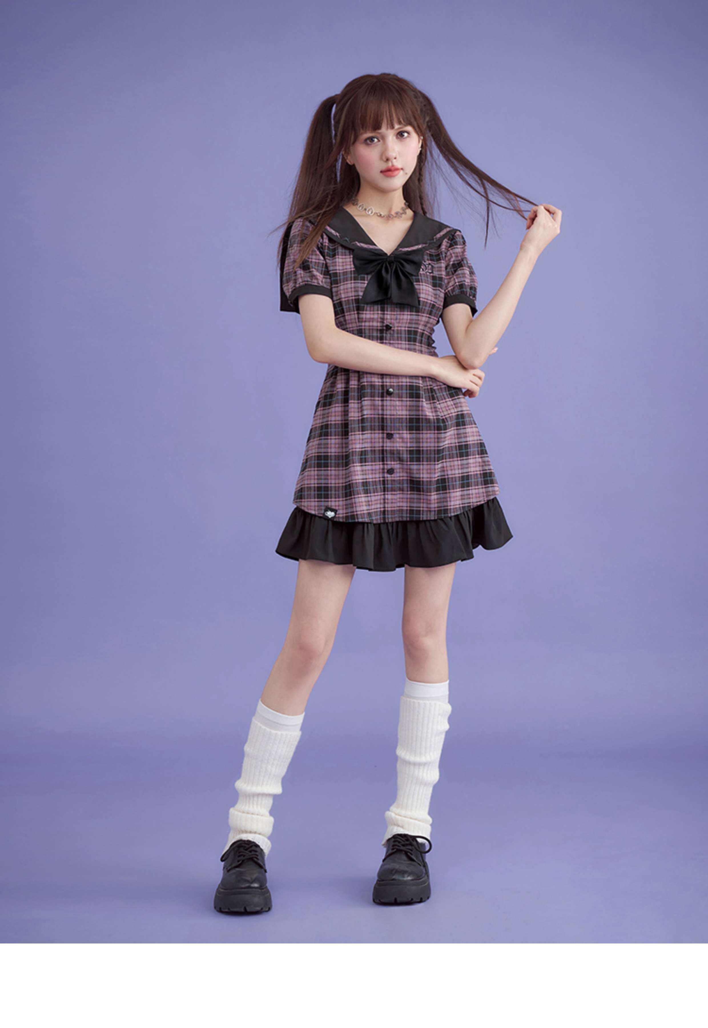 セーラー服 プレッピースタイル チェック柄セーラーワンピース