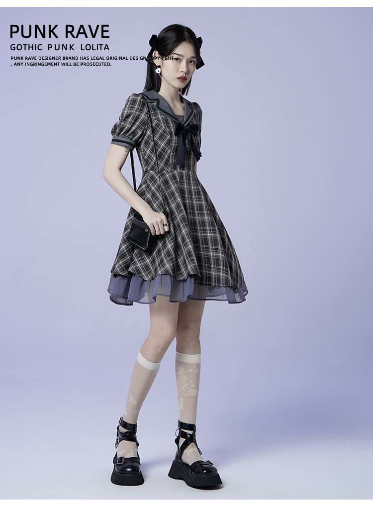 セーラー服 ゴシックパンク風チェック柄セーラーワンピース