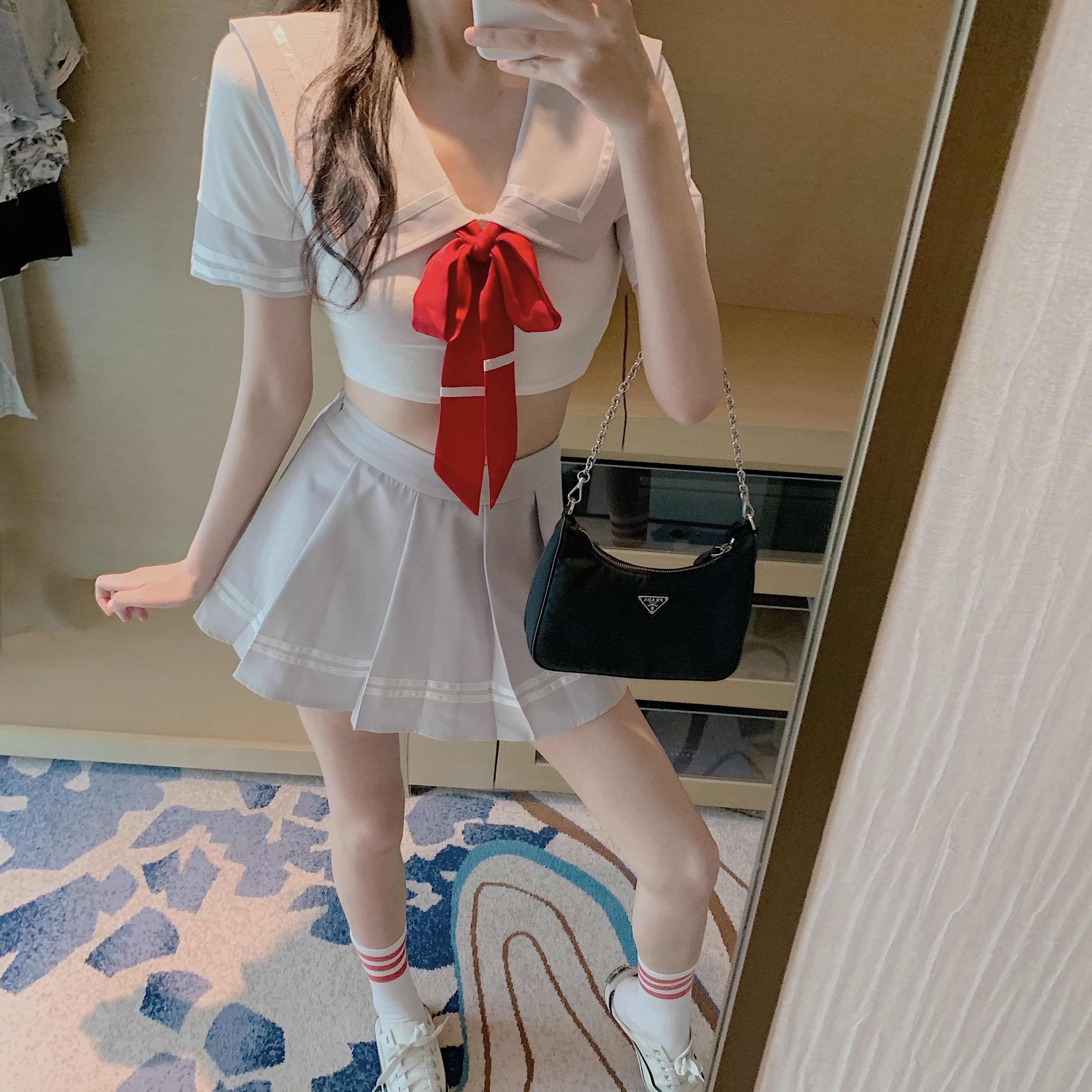 セーラー服 甘美リボン付きショート丈セーラー風上下セット