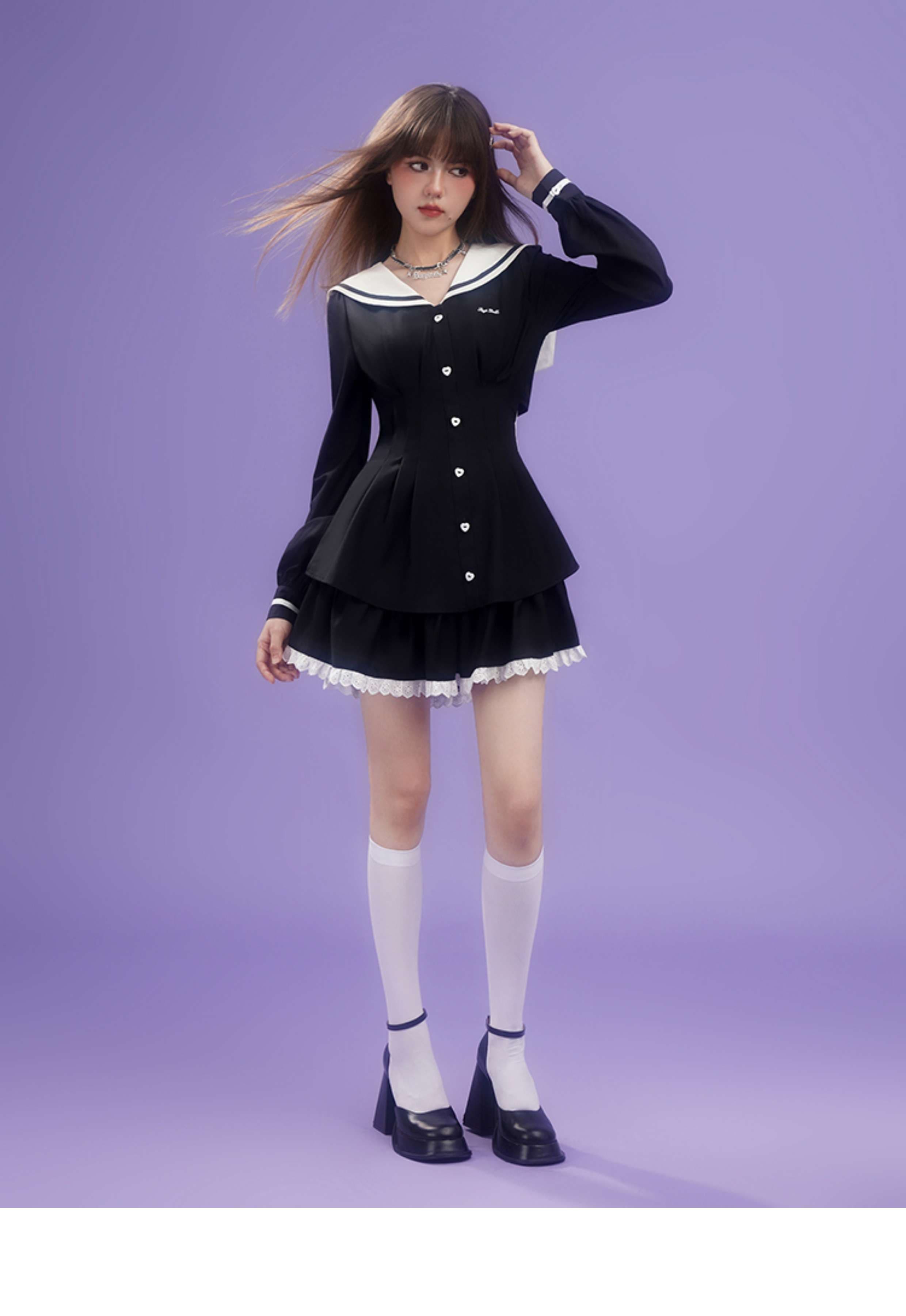 セーラー服 甘めセーラーカラー リボン付きフレアワンピース