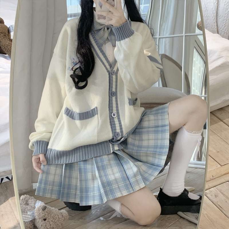 セーラー服 学園風リボン付きカーディガン&プリーツスカートセット