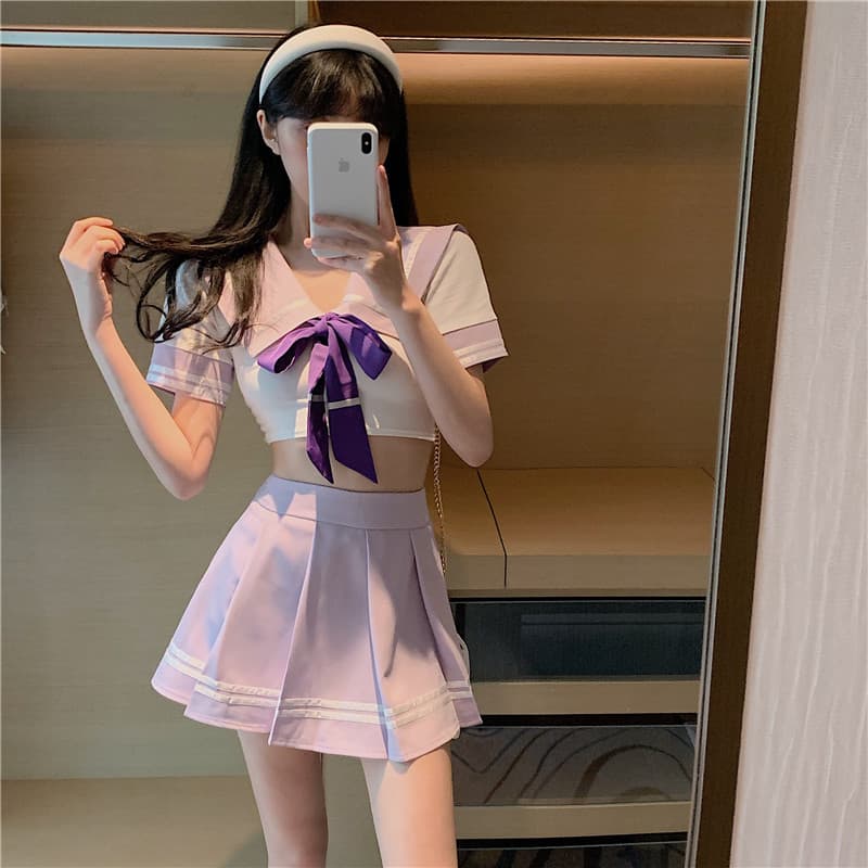 セーラー服 甘美リボン付きショート丈セーラー風上下セット