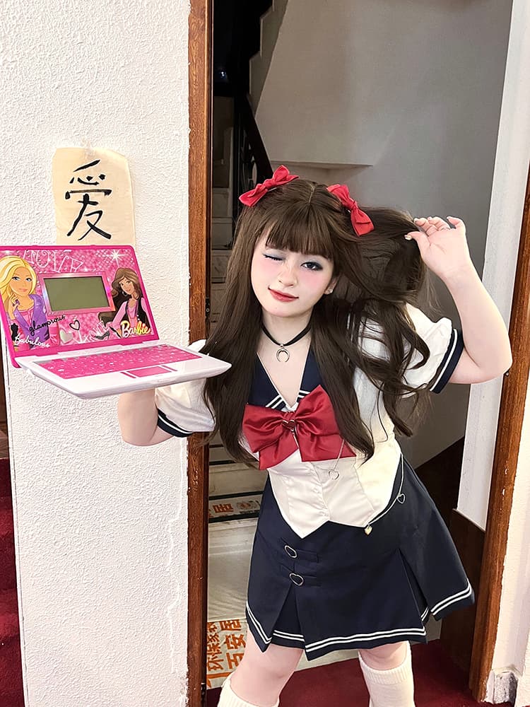 セーラー服 学園風リボン付き半袖セーラー制服セット