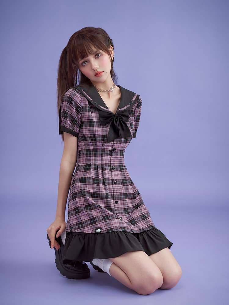 セーラー服 プレッピースタイル チェック柄セーラーワンピース