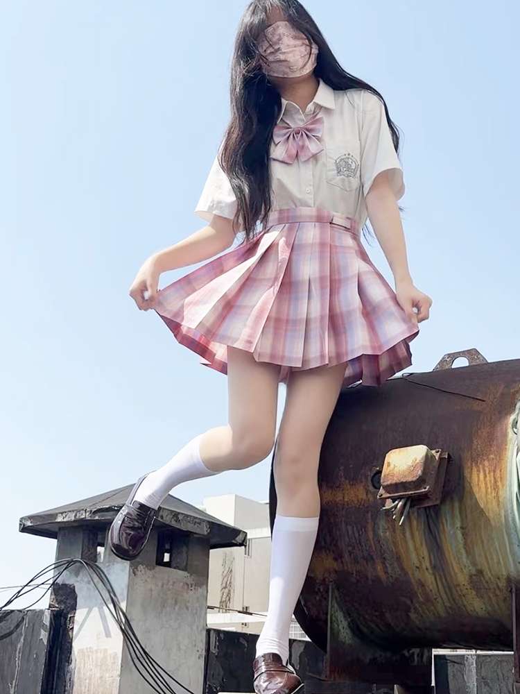 セーラー服 制服風チェック柄プリーツスカートセット