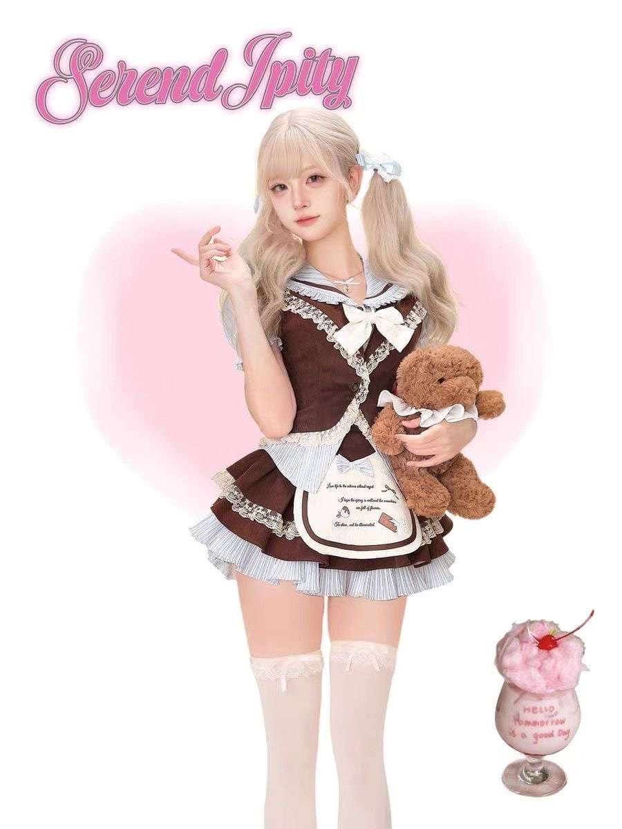 セーラー服 レースとリボン付きメイド風フリルワンピース
