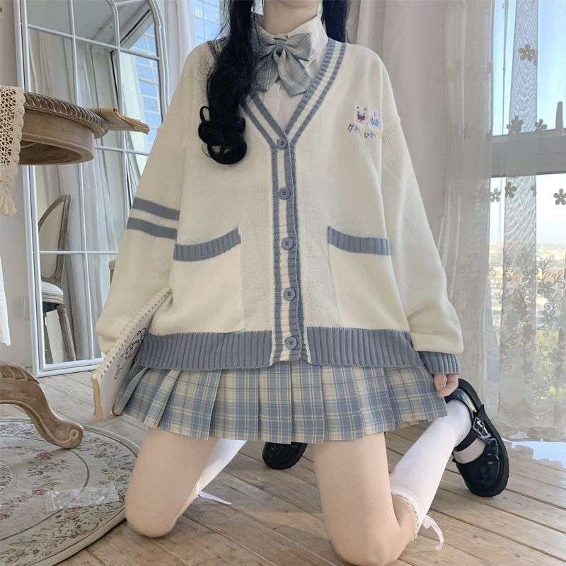 セーラー服 学園風リボン付きカーディガン&プリーツスカートセット
