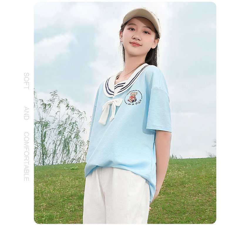 セーラー服 学園風リボン付きセーラーカラーTシャツ