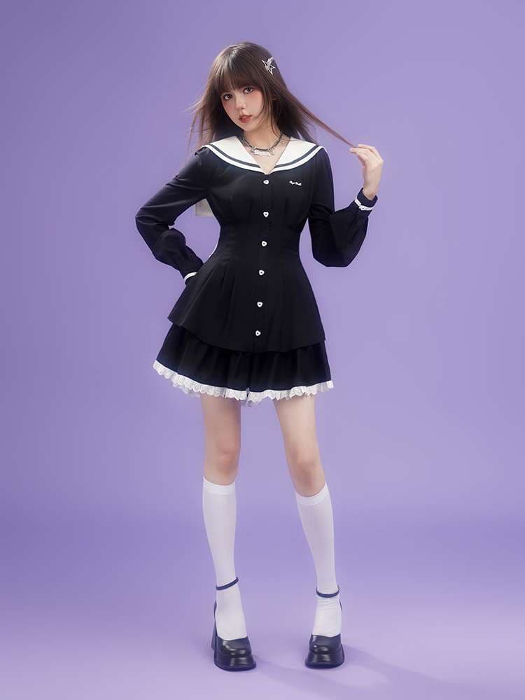 セーラー服 甘めセーラーカラー リボン付きフレアワンピース