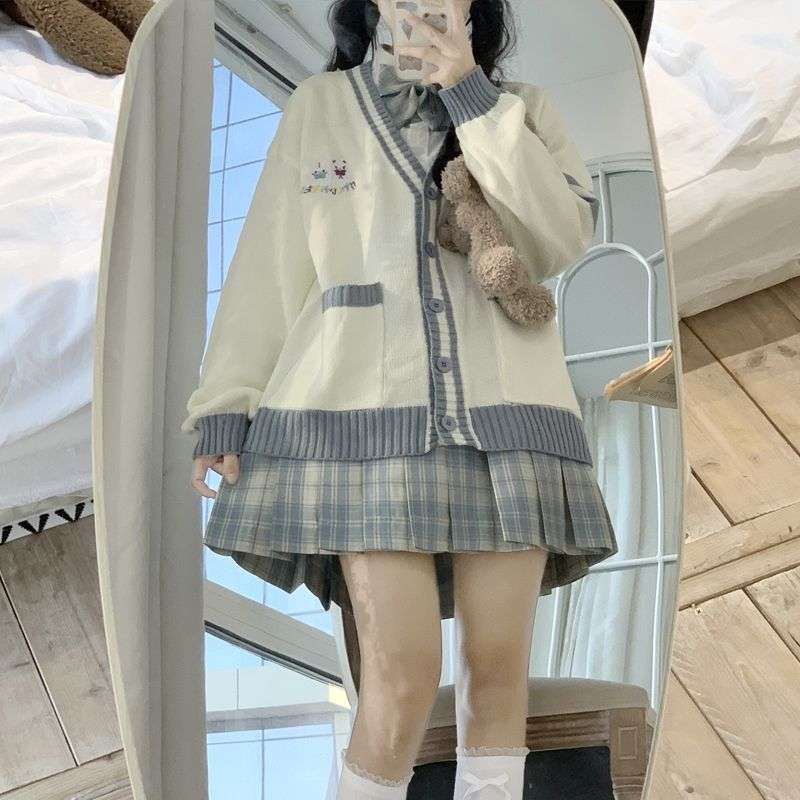 セーラー服 学園風リボン付きカーディガン&プリーツスカートセット