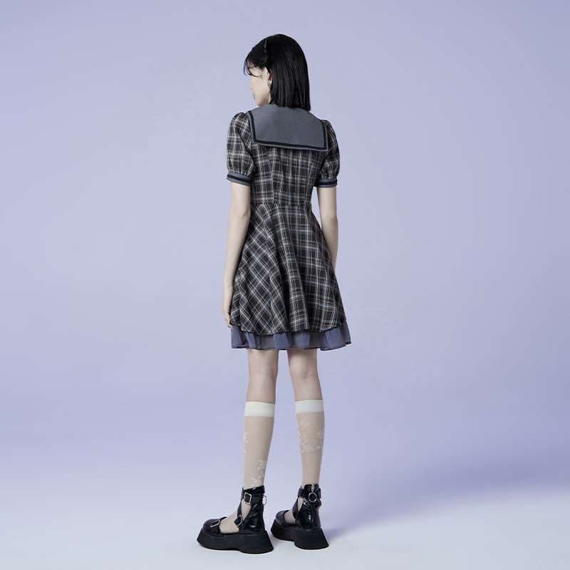 セーラー服 ゴシックパンク風チェック柄セーラーワンピース