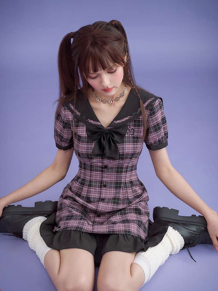 セーラー服 プレッピースタイル チェック柄セーラーワンピース