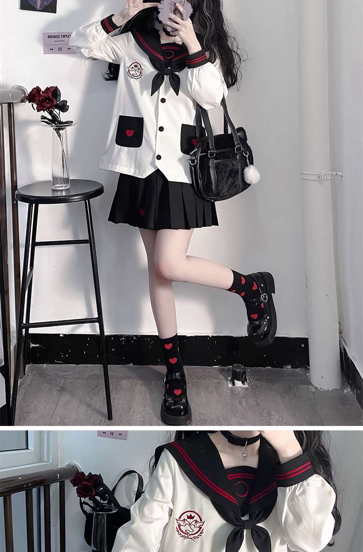 セーラー服 ハートモチーフ付き 長袖上下セット