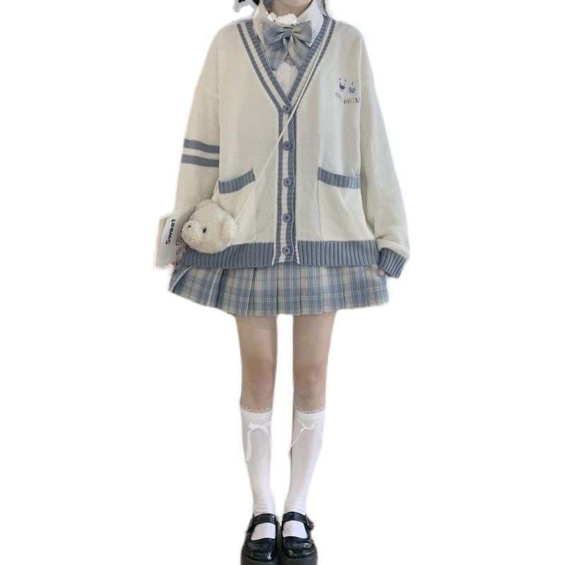セーラー服 学園風リボン付きカーディガン&プリーツスカートセット