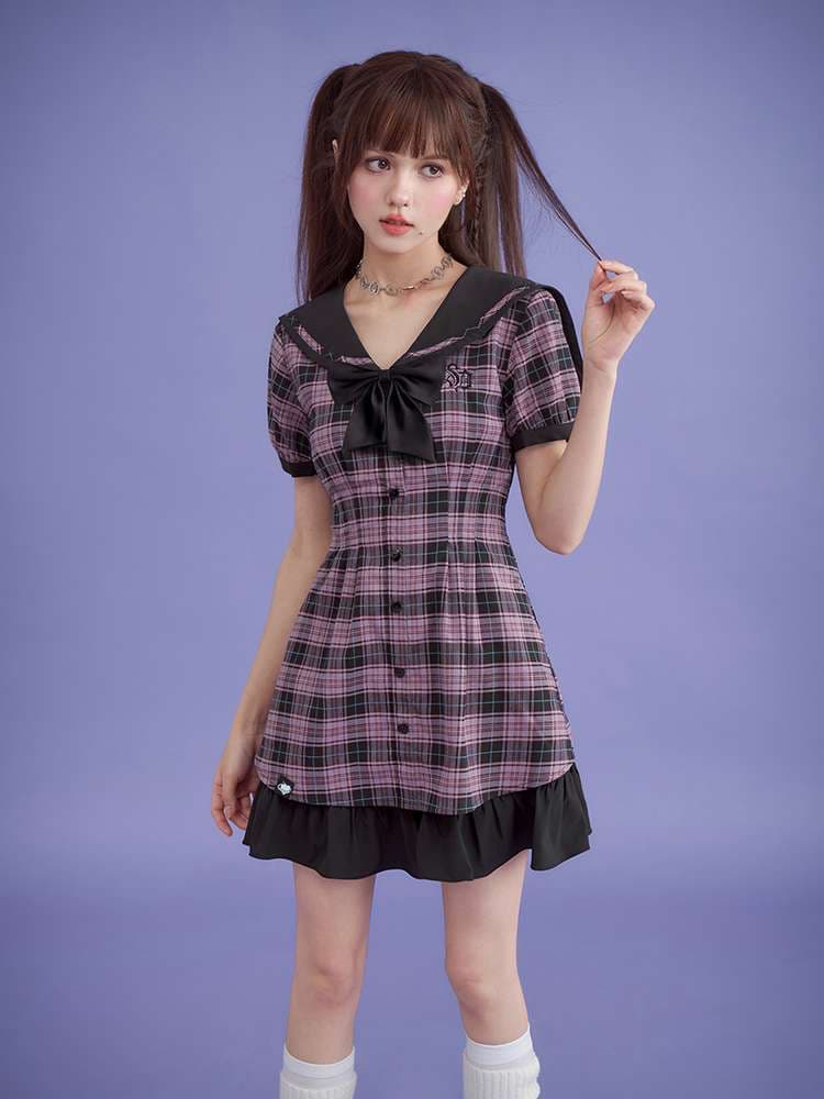 セーラー服 プレッピースタイル チェック柄セーラーワンピース