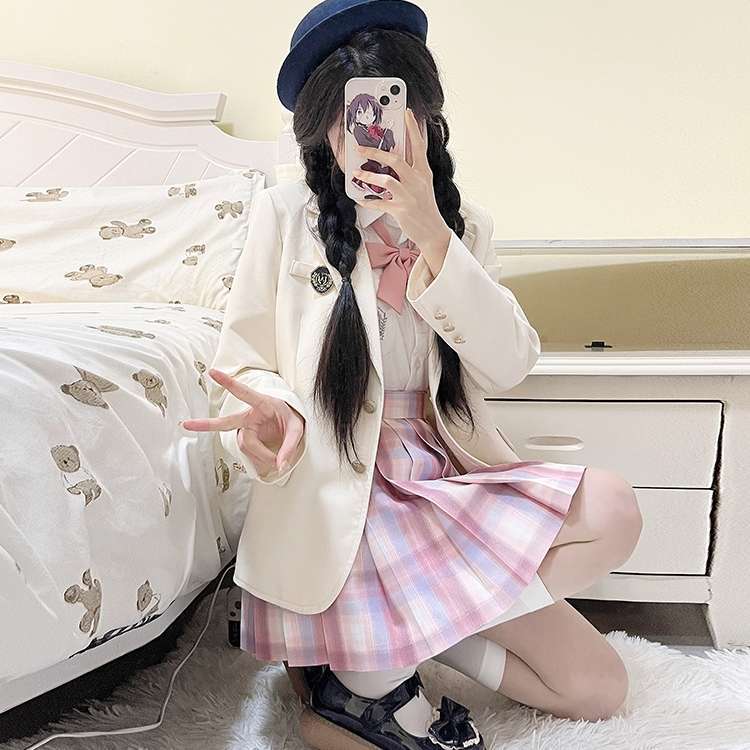 セーラー服 制服風チェック柄プリーツスカートセット